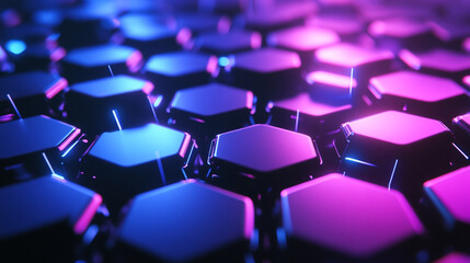 A minimalist, dark wallpaper with a large, central, glowing geometric outlined in blue and purple neon light, creating a geometric effect.