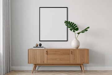 Chic living room design featuring a blank poster frame, wooden cabinet, books, ceramic vase with foliage, and sophisticated accessories. Simple home decoration style.