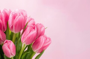 Fototapeta premium Floral arrangement featuring pink tulips with a soft, blurred backdrop and space for personalized text. Perfect for romantic or maternal celebrations.