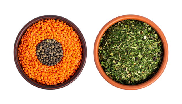 Healthy dried lentils with seasoning, isolated on transparent background