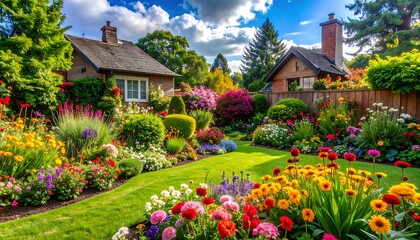 Beautiful Lush Garden with Colorful Flowers and Green Lawn.