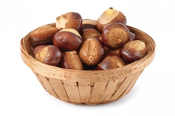 Obraz premium Chestnuts gathered in a wooden container against a plain white backdrop