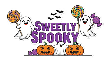 Sweetly Spooky Halloween Illustration: A delightfully charming Halloween-themed illustration showcasing smiling ghosts, jack-o'-lanterns, and colorful candy.