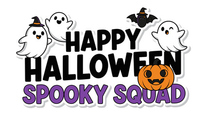 Spooky Squad Halloween Celebration: The festive emblem is bursting with playful ghosts, a carved pumpkin, and a fluttering bat, all poised against a backdrop of boldly rendered lettering.