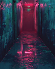 Lonely cyberpunk interrogation room, V-shaped green light tubes, dystopian textures, water puddles, dirty concrete walls, symmetrical scene with ominous vibes