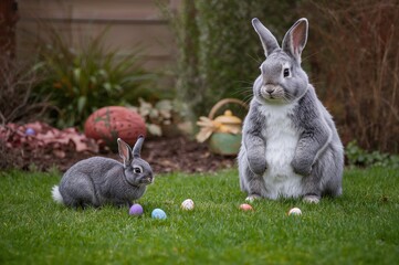 On Easter dawn, the silver hare bounded through the yard, concealing vibrant eggs for kids to discover, while the Bunny, recognized as the Easter bunny, observed contentedly, making sure