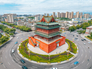 aerial view of the ancient landmark gate tower in the city centre, Shanxi Province, China