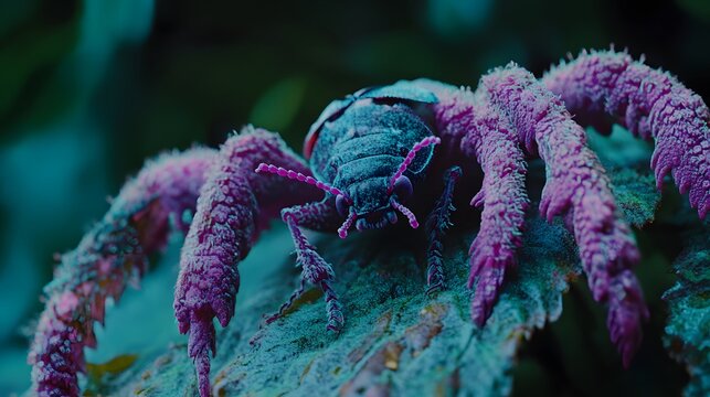 alien insect with purple tentacles crawling on leaf macro shot