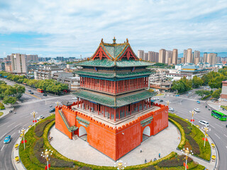 aerial view of the ancient landmark gate tower in the city centre, Shanxi Province, China