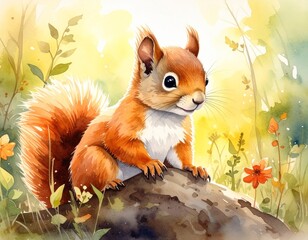 Obraz premium Ein kleines Eichhörnchen-Jungtier sitzt auf einem Ast