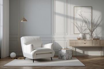 Fototapeta premium Stylish living area featuring a white boucle chair, marble side table, golden lighting, ladder shelf, decorative items, and personal touches. Simple home styling.