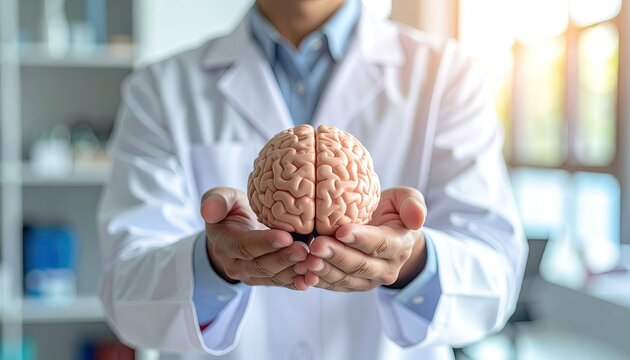Doctor in White Lab Coat Presenting Brain Model Healthcare Concept with Bright Window Light and Medical Supplies - Powered by Adobe