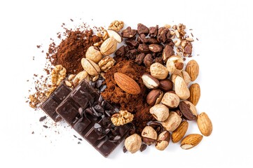 Obraz premium Creative arrangement of cacao fruit, cacao powder, walnuts, hazelnuts, almonds, and chocolate against a white background in a flat lay style.