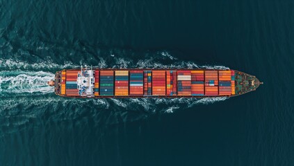 Overhead view of a freight vessel navigating the sea with shipping containers for global trade and logistics.