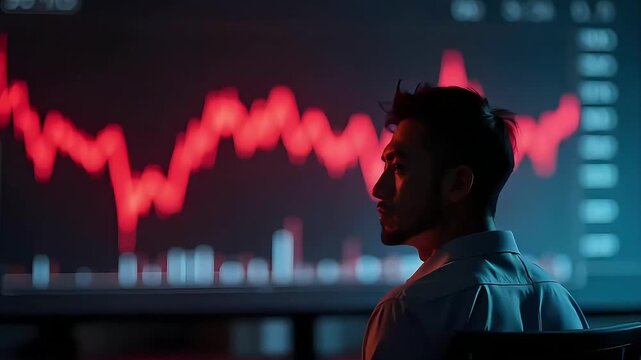 A trader under stress reacts to a sharp market drop, the red chart in the background is a moment of strong financial emotion. He keeps his hands on his head. 