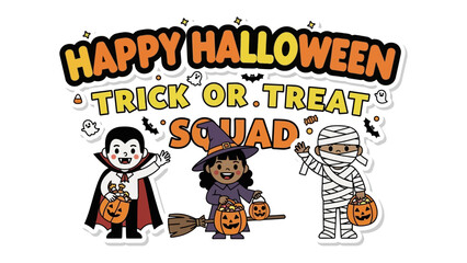 Spooktacular Halloween Squad: A whimsical Halloween illustration features a vampire, witch, and mummy. Perfect for conveying the spirit of Halloween.