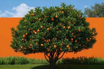 Fototapeta premium Citrus tree with ripe fruit against a vibrant orange backdrop