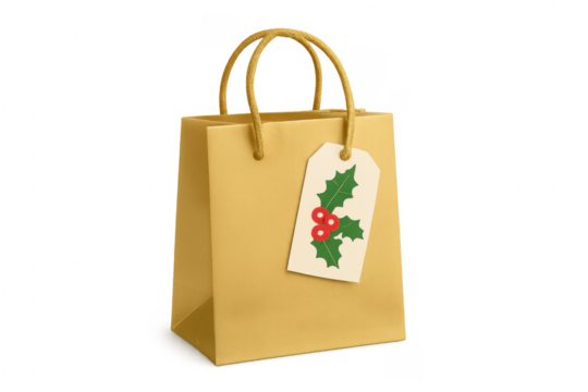 Golden shopping bag with festive holly gift tag - Powered by Adobe