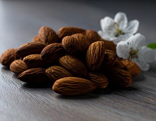 Close-up of almonds with white almond blossoms on rustic wooden surface, natural daylight and shallow depth of field. Perfect for organic food, nature, and healthy lifestyle concepts.