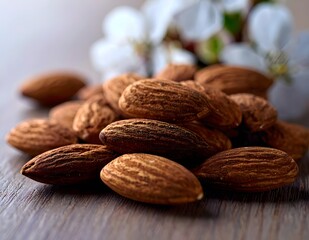 Close-up of almonds with white almond blossoms on rustic wooden surface, natural daylight and shallow depth of field. Perfect for organic food, nature, and healthy lifestyle concepts.