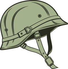 Fototapeta premium Protective military helmet, classic army headpiece. Detailed soldier headgear with buckle and chinstrap, perfect for a vintage war or battle design.