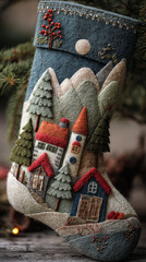 Felt stocking Christmas winter forest village handmade cozy moonlit mountain