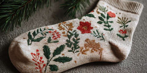 Natural cotton sock botanical pattern Christmas floral cozy