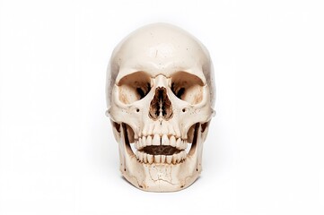 Fototapeta premium Human skull with open mouth against a white backdrop