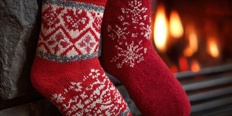 Red sock, wool, fireplace, holiday, cozy joy festive knit warms winter night