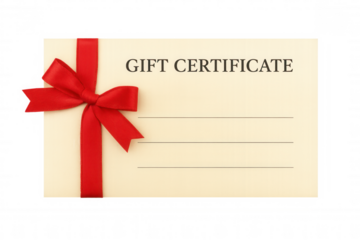Gift certificate presenting a red ribbon and bow, providing a blank space for customization, ideal for vouchers and presents