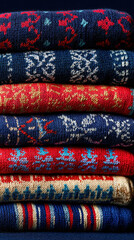Cozy sock stack knit pattern winter red blue warm textile festive joy