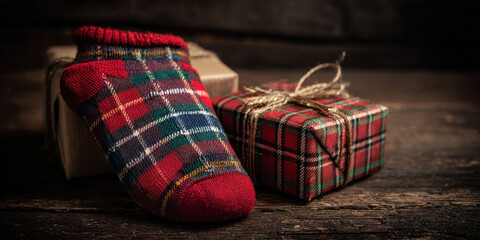 Red sock tartan plaid gift ribbon box rustic festive warmth