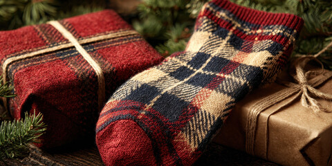 Tartan christmas sock gift plaid pattern evokes cozy holiday warmth