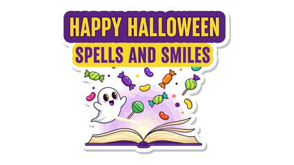 Spells, Smiles, and Halloween Delights: A whimsical scene perfect for the spooky season with friendly ghost, and candy bursting from a magical spell book, capturing the essence of fun and wonder. 