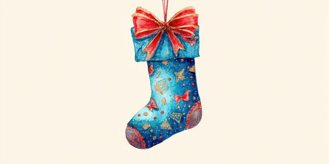 Christmas stocking watercolor blue red ribbon festive ornament holiday cute