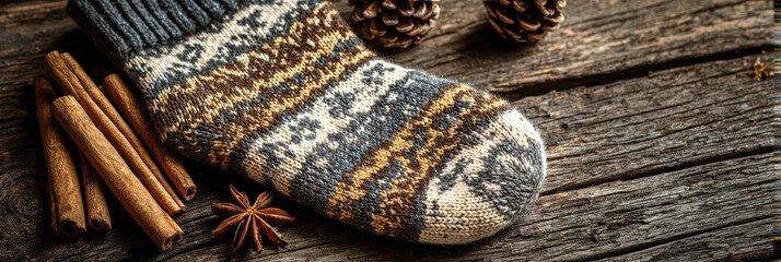 Cozy christmas sock nordic pattern knitted wool rustic wood cinnamon sticks