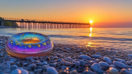 Sunset shines on beach with pebble & donut-shaped pool float