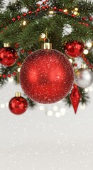 Obraz premium Large red snow-dusted bauble on a fir branch border with snowy bokeh and ample white copy space