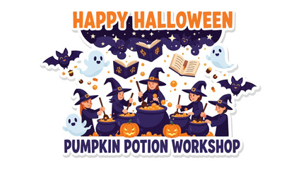 Happy Halloween: Spooky Pumpkin Potion Workshop. Witches conjure enchanting potions and magic spells, creating a thrilling scene for the festive celebration.