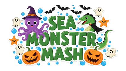 Sea Monster Mash: A whimsical illustration showcasing a playful Halloween scene with adorable sea creatures. 