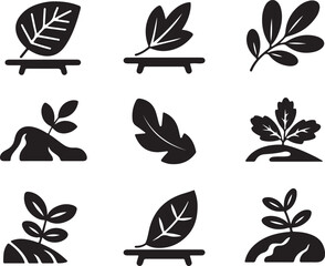 Black And White Stylized Foliage Element Collection Set On Transparent Backdrop