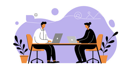 Two professionals collaborating on laptops in a modern office promoting teamwork and productivity