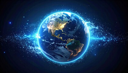 Fototapeta premium Digital Globe with City Lights Sparkling Particles and Vibrant Blue Hues on a Dark Background Depicting a Futuristic Earth