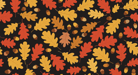 An autumn pattern featuring oak leaves and acorns with a dark background.