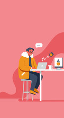 Man in warm jacket remotely working on laptop engaging in digital communication and entertainment