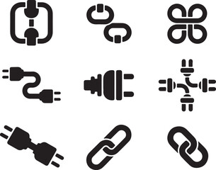 Black And White Stylized Plug And Link Connection Element Set On Transparent Backdrop