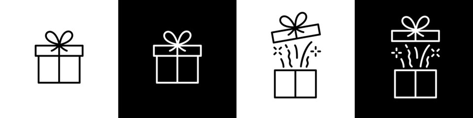 Gift box icon set. Present tied gift box. Gift wrapping symbol. Surprising open gift box signs