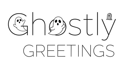 Ghostly Greetings: Playful typography featuring whimsical ghost, ideal for conveying festive holiday wishes for halloween season.