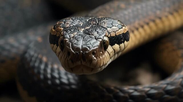 The snake occupies the center of the image, focusing on its head. Detailed scales on the head with a pattern in dark and light colors are visible.
The background is dark and blurry, which helps focus 