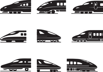 High Speed Train Icons Transportation Modern Commute Rail Vehicle Silhouette